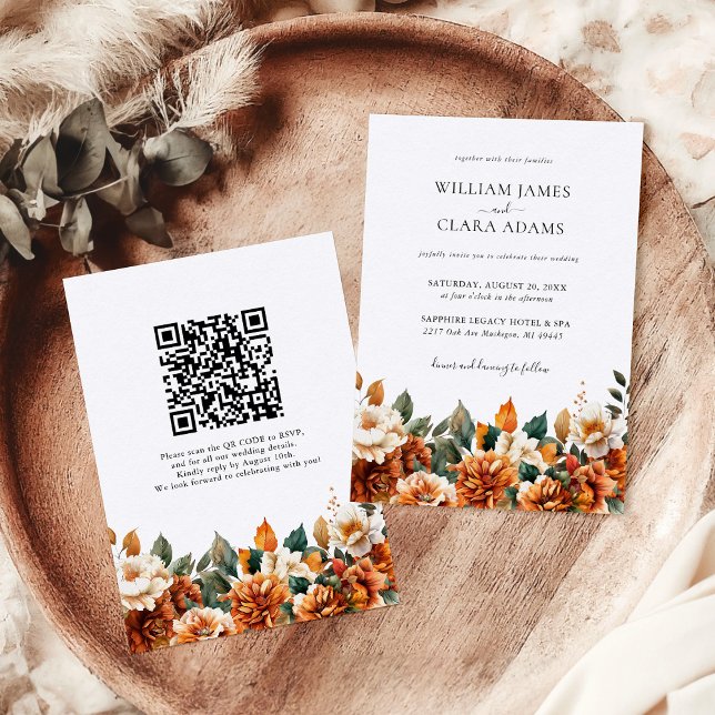 Boho Floral Watercolor Terracotta QR Code Wedding Invitation (Creator Uploaded)