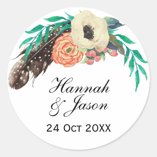 Boho Floral Watercolor Wedding Classic Round Sticker (Front)