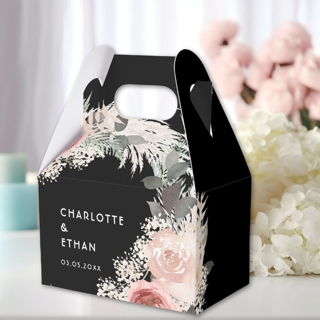 Boho Floral Wedding Box gift box (Personalized Boho Floral Wedding Black Favor Boxes with your Name & Date.)