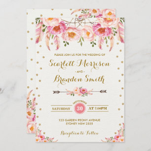 Boho Floral Wedding / Chic Blush Pink Gold Floral Invitation