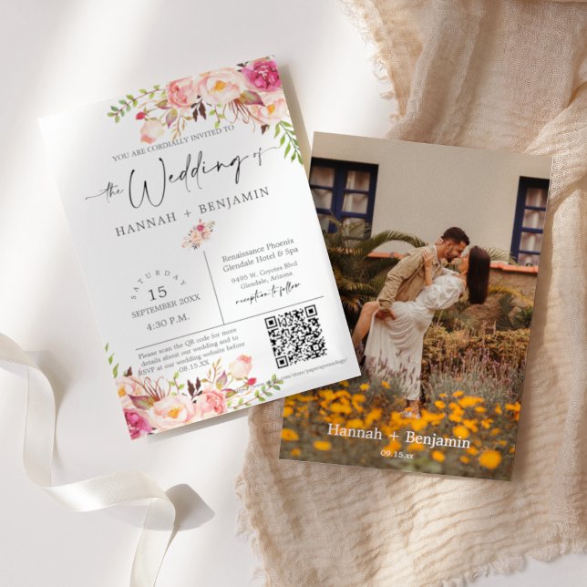 Boho Floral Wedding Minimal Script QR Code Photo Invitation (Creator Uploaded)