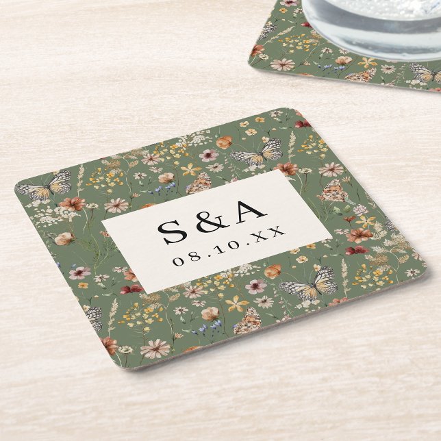 Boho Floral Wedding Square Paper Coaster (Boho Sage Green Watercolor Floral Wedding Square Paper Coaster by Painted Paperie
)