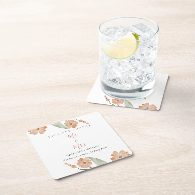 Boho Floral Wedding Square Paper Coaster (Insitu)