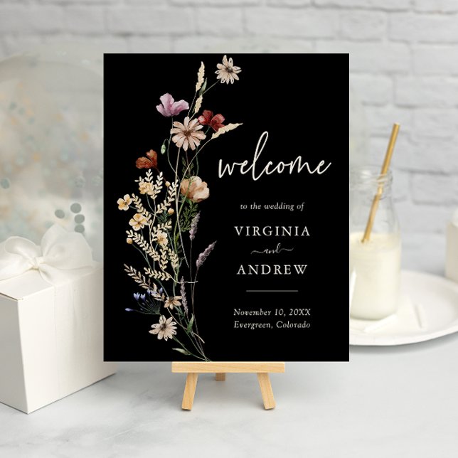 Boho Floral Welcome Wedding Poster (Black Boho Watercolor Floral Welcome Wedding Poster by Painted Paperie
)