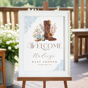 Boho Floral Western Blue Cowboy Boot Welcome Poster
