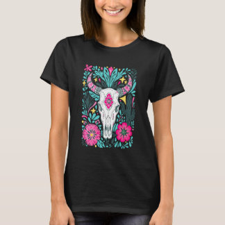 Boho Floral Western Cow Skull Howdy Cowgirl Countr T-Shirt