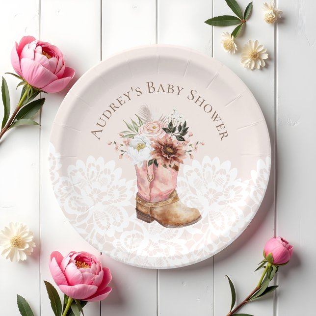 Boho Floral Western Pink Cowgirl Boot Baby Shower Paper Plate (Boho Floral Western Pink Cowgirl Boot Baby Shower Paper Plates)