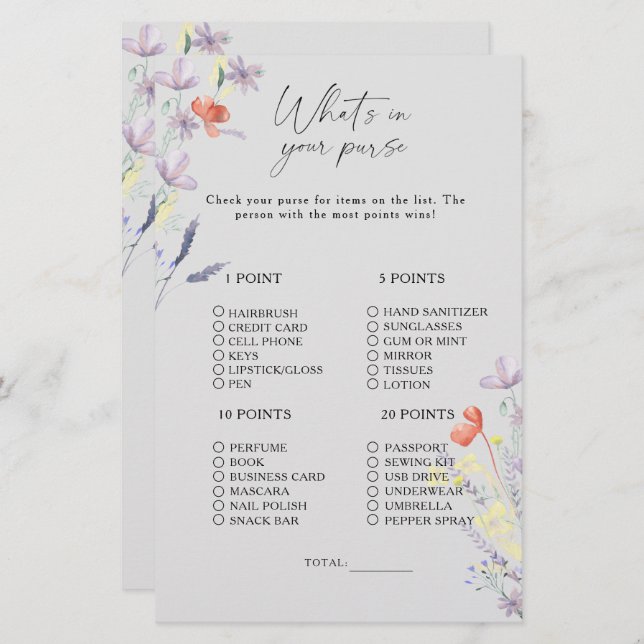 Boho Floral what's in your purse game (Front/Back)