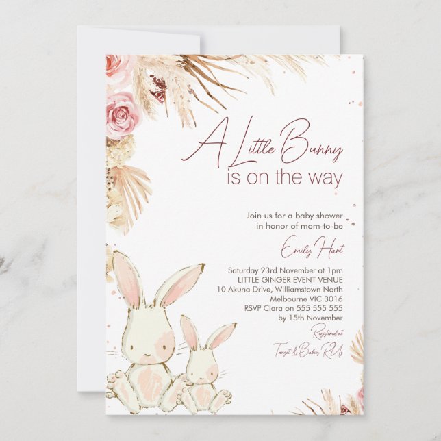 Boho Floral White Bunny Baby Shower Invitation (Front)