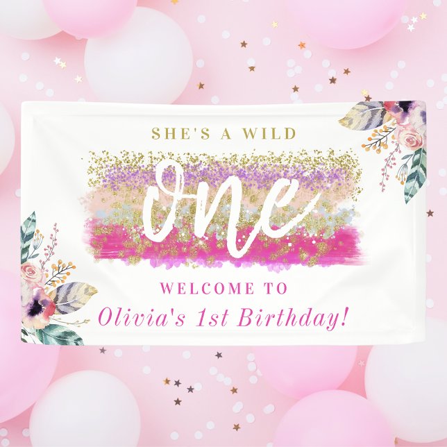 Boho Floral Wild One Girl's First Birthday Party Banner (Creator Uploaded)