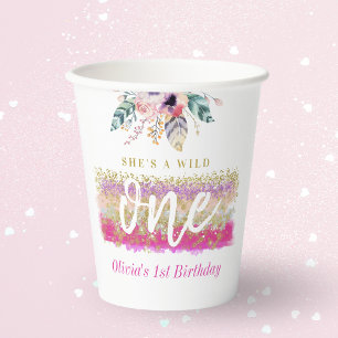 Boho Floral Wild One Girl's First Birthday Party Paper Cups
