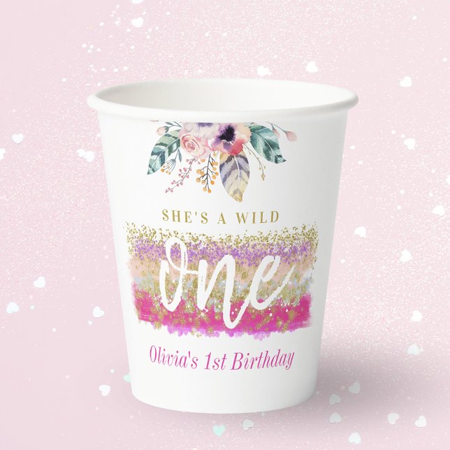 Boho Floral Wild One Girl's First Birthday Party Paper Cups (Creator Uploaded)