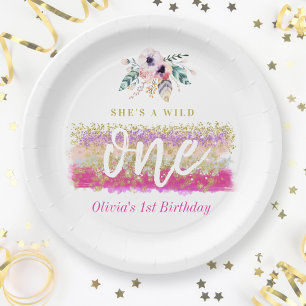 Boho Floral Wild One Girl's First Birthday Party Paper Plate