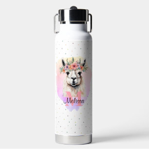 Boho Floral Wildflower Llama Pretty Pink Animal Water Bottle