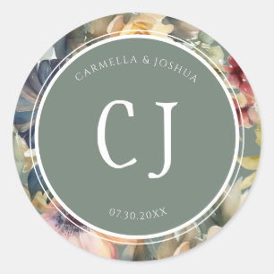 Boho Floral Wildflower Monogram Sage Green Classic Round Sticker