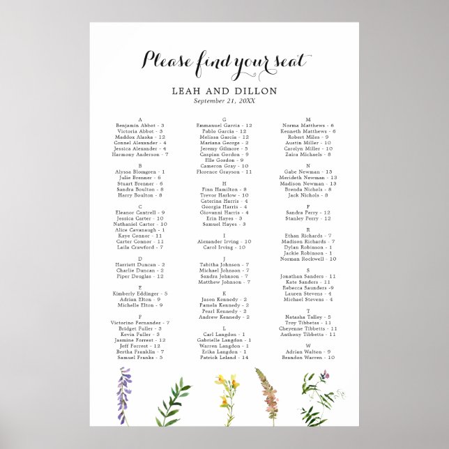Boho Floral Wildflower Wedding Seating Chart (Front)