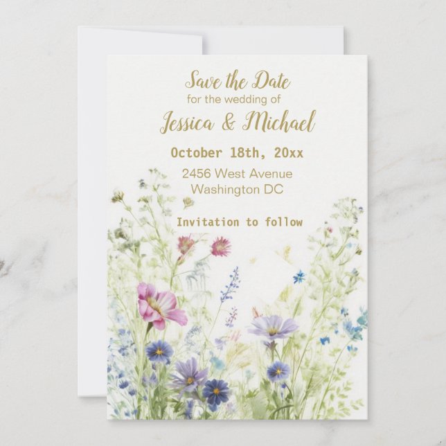 Boho Floral Wildflowers Flat Save The Date Card (Front)