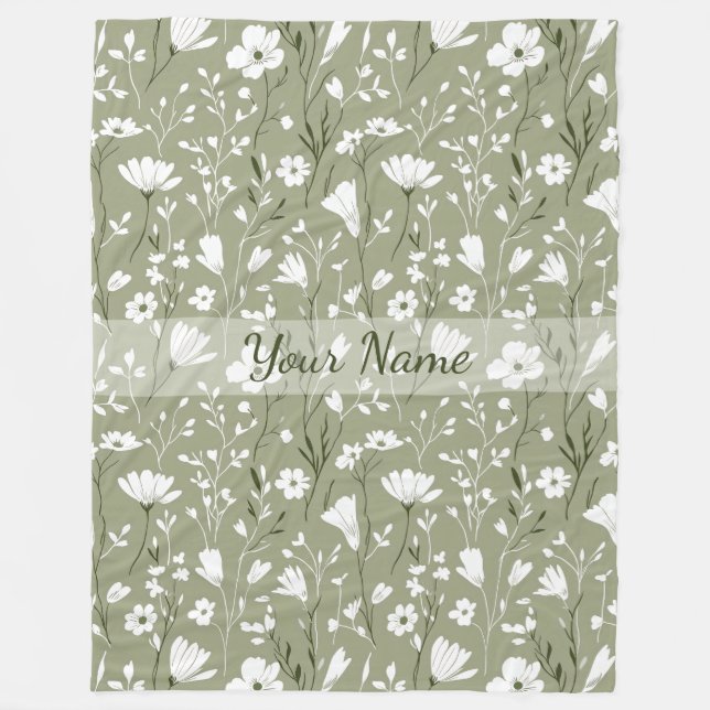 Boho Floral Wildflowers Sage Green Personalised  Fleece Blanket (Front)