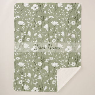 Boho Floral Wildflowers Sage Green Personalized Sherpa Blanket