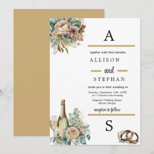 Boho Floral Wine Bottle Watercolor Wedding Invitation