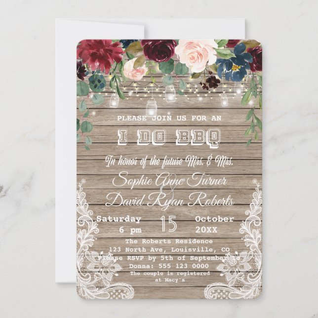 Boho Floral Wood Mason Jar Lights I DO BBQ Invitation (Front)