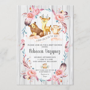 Boho Floral Woodland Animals Baby Shower Girl Invitation