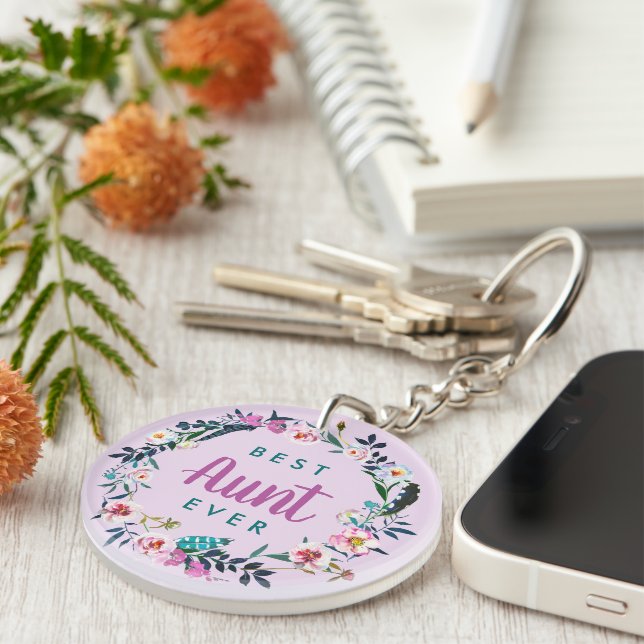 Boho Floral Wreath Best Aunt Ever Photo Key Ring (Front Right)