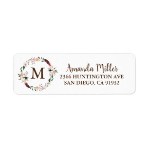 Boho Floral Wreath Monogram  Return Address Label