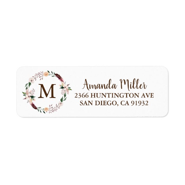 Boho Floral Wreath Monogram  Return Address Label (Front)