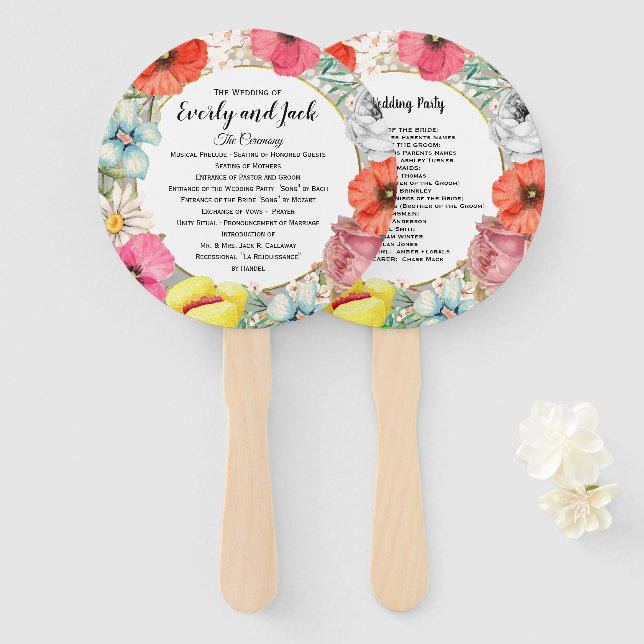 Boho Floral Wreath Pink Gold Wedding Program Hand Fan (Front and Back)