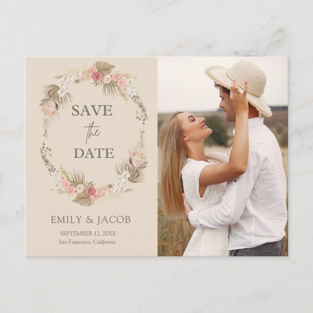 Boho floral wreath Save the date Postcard (Front)