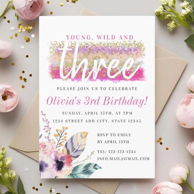 Boho Floral Young Wild and Three Girl's Birthday Invitation (Creator Uploaded)