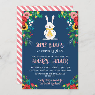 Boho Florals & Bunny   Colourful Kids Birthday Invitation
