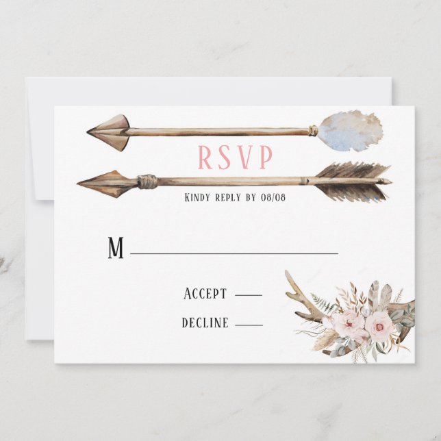 Boho Florals & Deer Antlers Arrows Wedding RSVP Invitation (Front)