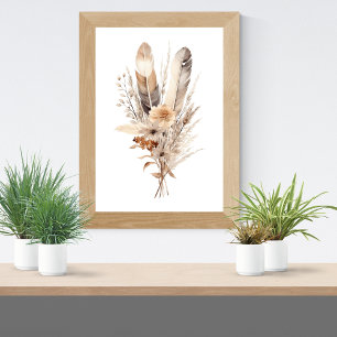 Boho Florals Grey Beige Brown Feathers Botanicals Poster