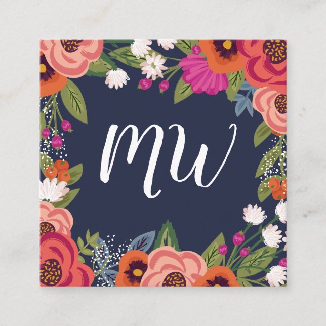 Boho Florals - Navy Blue & Coral - Monogrammed Square Business Card (Front)