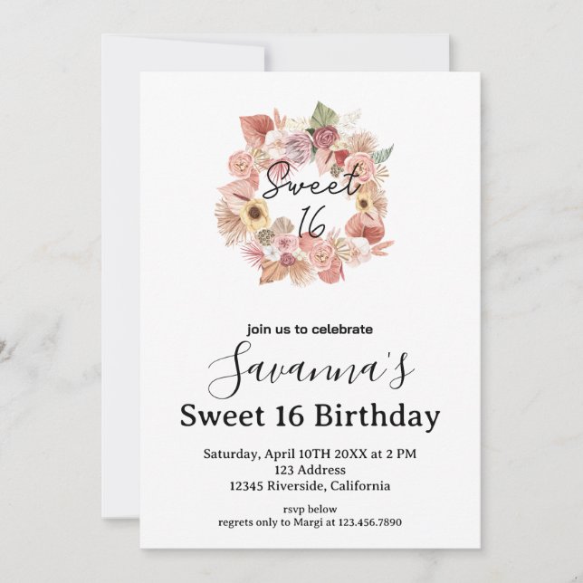 Boho Florals Personalised Sweet 16 Birthday Invitation (Front)