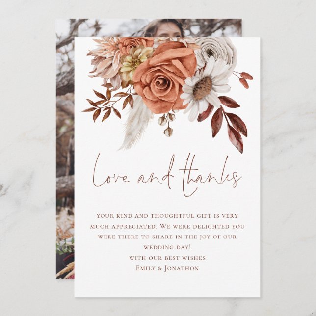 Boho Florals Photo Love Thanks Brown Text Wedding Card (Front/Back)