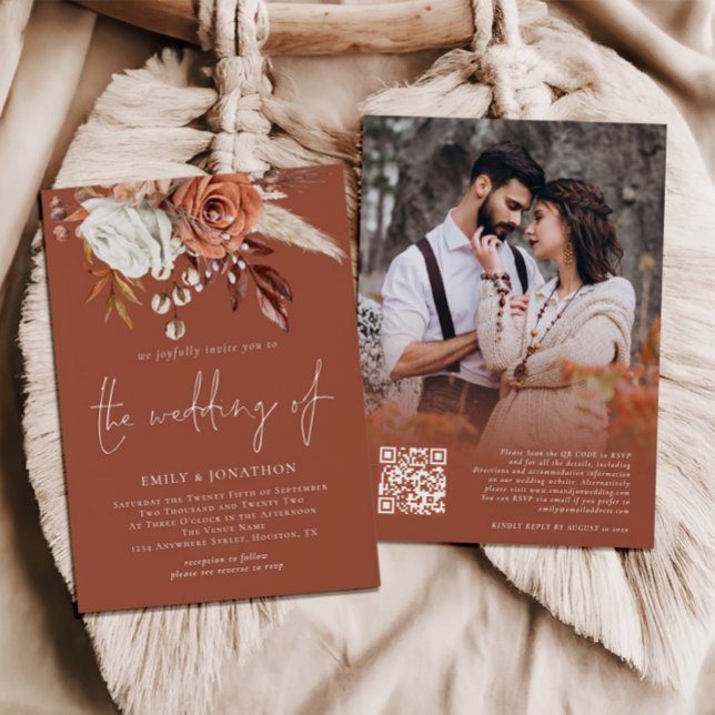  Boho Florals Photo QR Code Terracotta Wedding Invitation (Front and back view)
