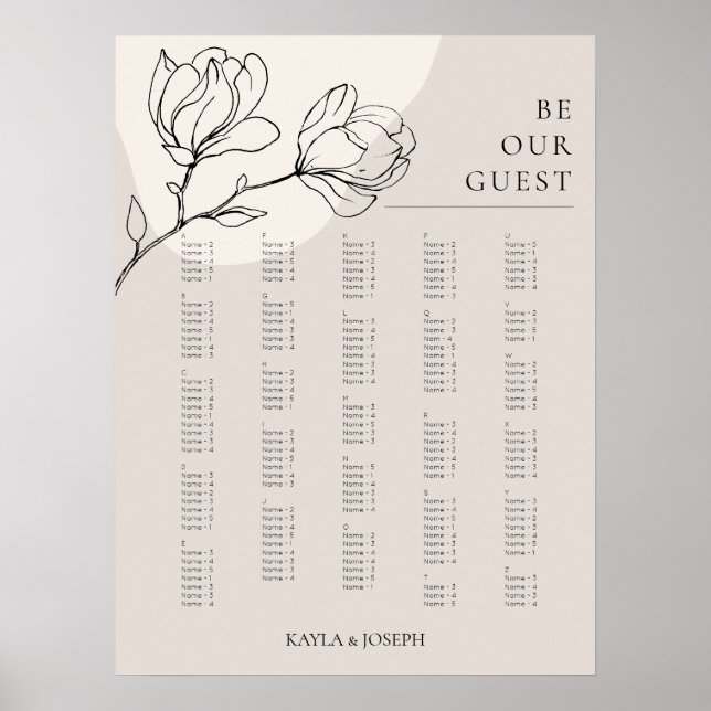 Boho Flower Alphabetical Seating Chart Sign (Front)