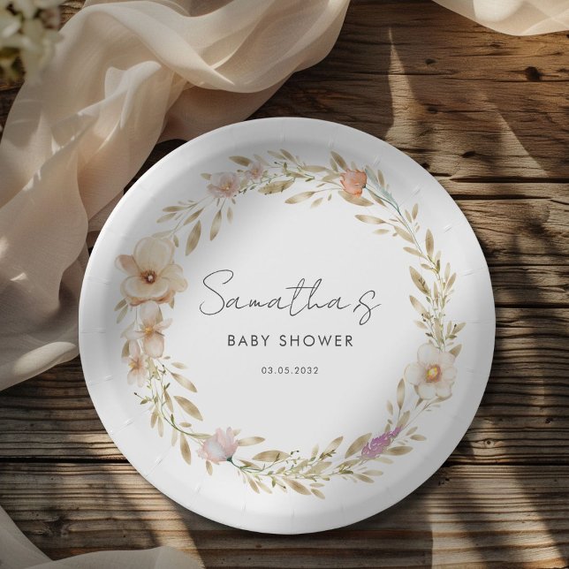 Boho Flower Baby Shower Paper Plate (Boho Flower Baby Shower Pastel - White Custom Paper Plates with your Name & Date.)