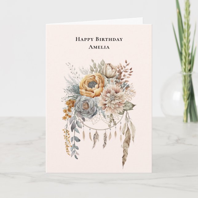 Boho Flower Bouquet and Dreamcatcher Birthday Card (Front)