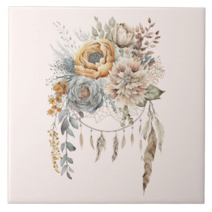Boho Flower Bouquet and Dreamcatcher Ceramic Tile