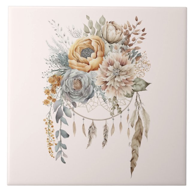 Boho Flower Bouquet and Dreamcatcher Ceramic Tile (Front)