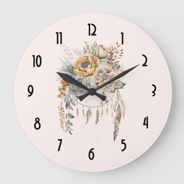 Boho Flower Bouquet and Dreamcatcher Large Clock (Front)