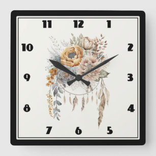 Boho Flower Bouquet and Dreamcatcher Square Wall Clock