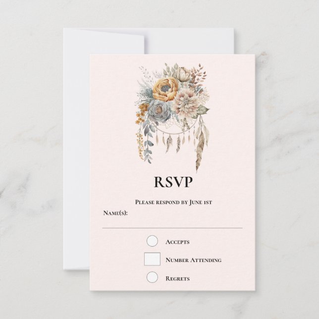  Boho Flower Bouquet in Neutral Colours Wedding RSVP Card (Front)