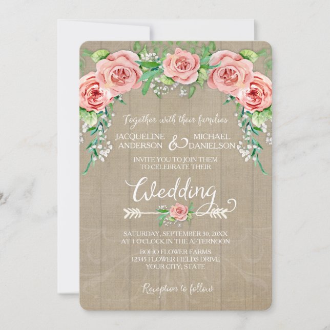 BOHO Flower Crown Baby's Breath Barn Wood Boards Invitation (Front)