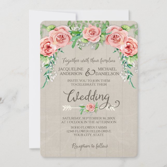 BOHO Flower Crown Baby's Breath Wood Fence Wedding Invitation (Front)