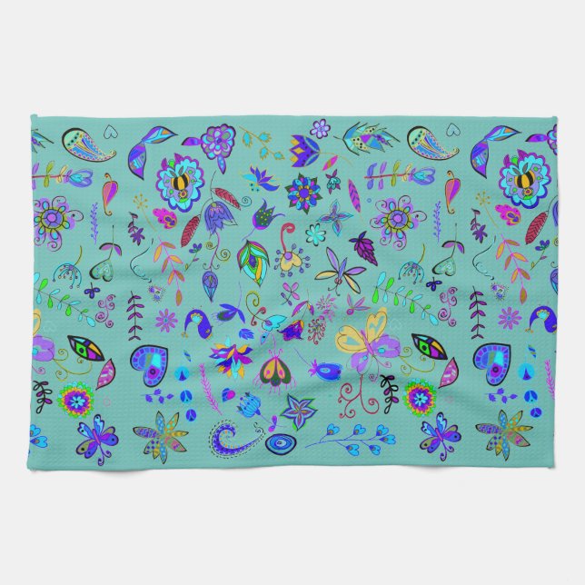 Boho Flower Doodles Tea Towel (Horizontal)